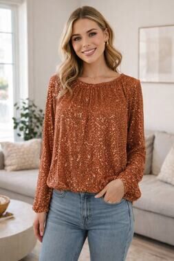River Island Copper Orange Women's Size 14 Sequin Blouse Top